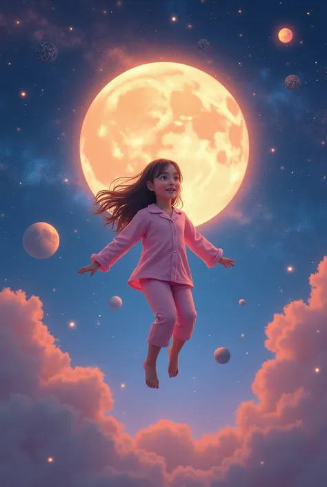  girl in pink pajamas floating in the sky with a backdrop full of galaxies, planets, a big star that stands out next to the girl and bright colors and that is at night