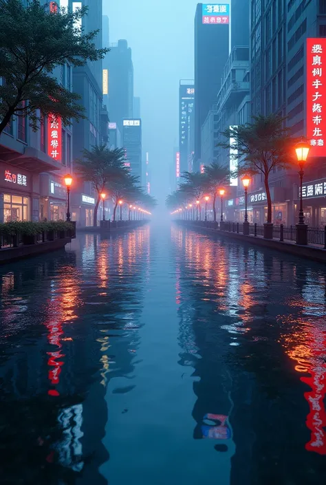 歩道の丸いwaterたまりにreflectionする未来的な街の美しく感動的な景色, Show off realistic details ,  vibrant colors,  and a mysterious atmosphere ,  cyberpunk, cityscape, reflection, water.