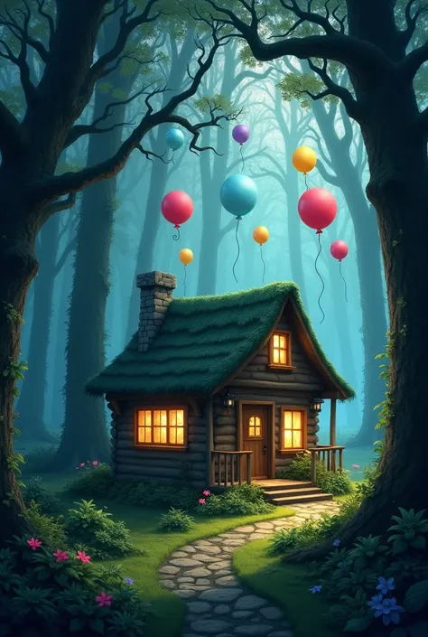 a small  in a forest ( the forest is dark with balloons)