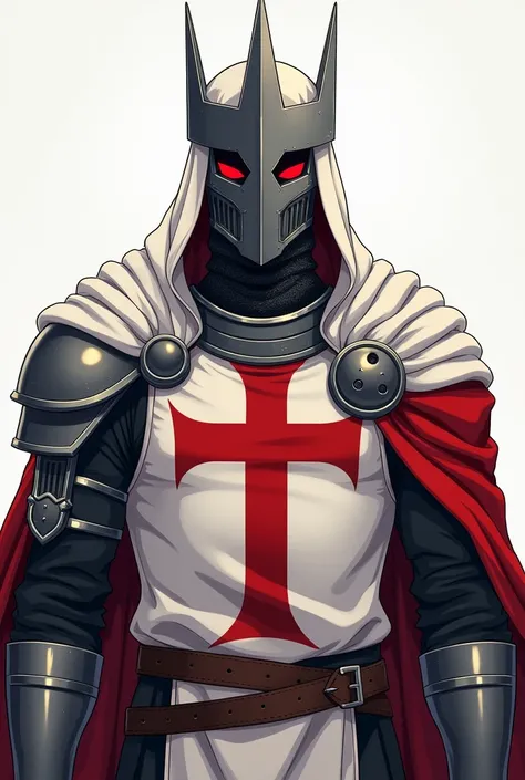  generates the image of a Templar warrior with a red cross in the middle of his chest,  wearing a metal mask which has holes for his eyes , wearing a white hood and a crown ,  in an anime drawing style , full-bodied and bottomless .