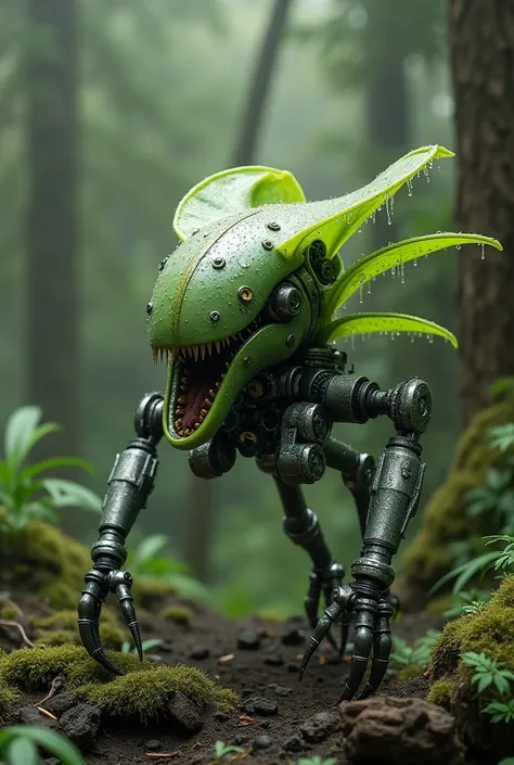 a realistic photo of a carnivorous plant robot