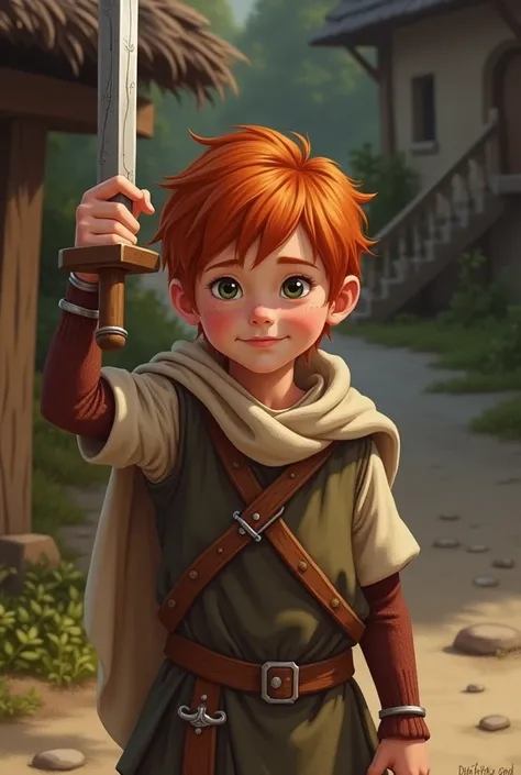  Medieval period
 about ten years old playful redhead with freckles, tanned skin with a wooden sword in hand  