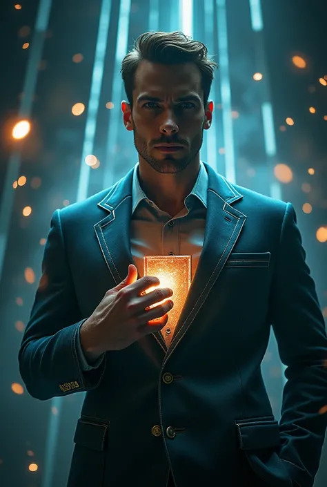  a java wearing a Levis suit in the power of himself emitting rays of orbs dark background handsome face,give an efec diar on the chest , with straight lines spread as if light were penetrating 