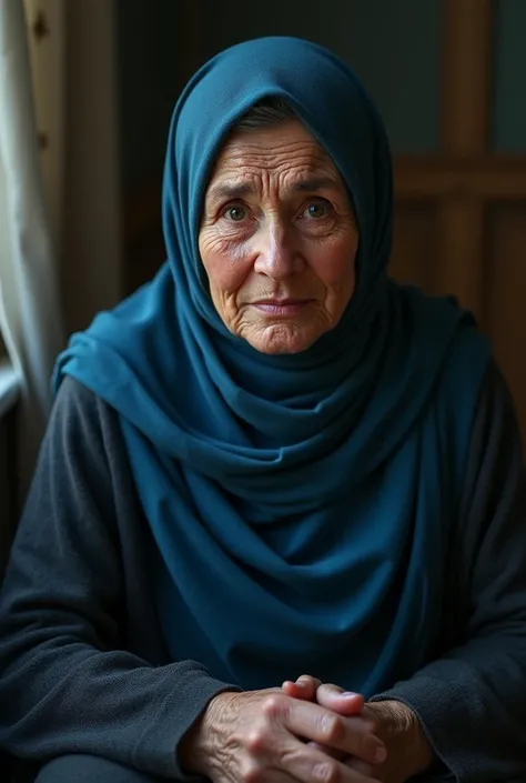 make a picture of a 65 year old mother wearing a hijab sitting and crying