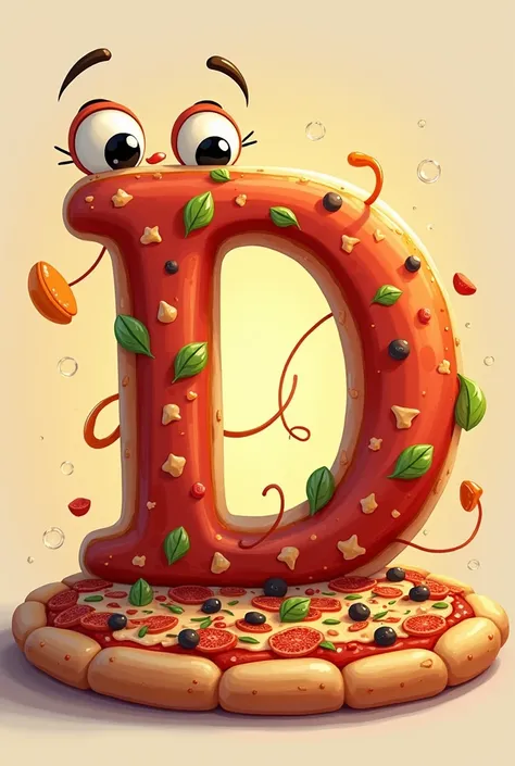 Letter D with the theme of pizza and a pizza in the background