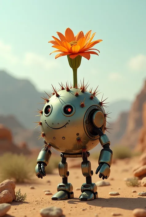 a realistic photo of a small robot cactus with a flower