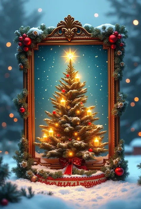 .8K.Stunning mixed media graphics in many colors. The central image shows a beautifully decorated Christmas tree with lit candles on its branches against a winter climate, the frame of the photo is festive 3D. A souvenir fridge magnet design. The compositi...