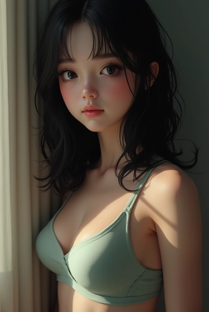  Beautiful 14-year-old girl with realistic black eyes, pale skin,  medium length black hair,  perfect face ,  Perfect Eyes, wearing shorts and a bra , with tits almost exploding her bra ,  very detailed, comprehensive cinematography, digital painting, 8K, ...