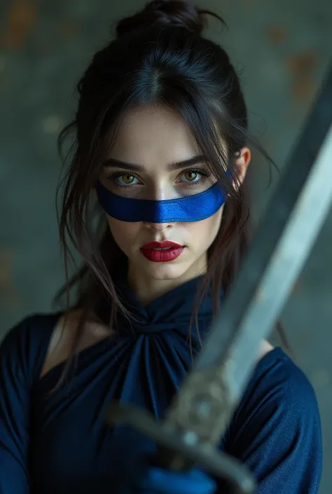  Woman with dark brown and very straight hair short to the chin and dark brown eyes with blue mask dance mask,  heart-shaped face and very beautiful full lips, holding a sword and realistic 