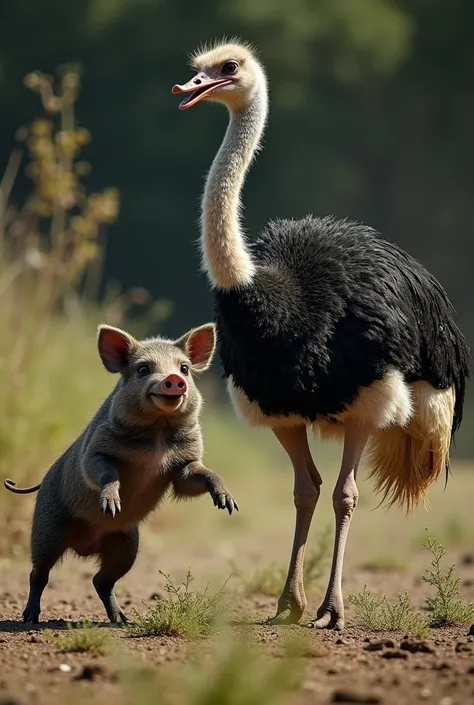 "An ultra-realistic scene featuring an ostrich and a pig in a fierce confrontation, both showing aggressive expressions. The ostrich stands tall with its long neck stretched out, feathers ruffled, and sharp eyes glaring. The pig, with its stocky body, tusk...