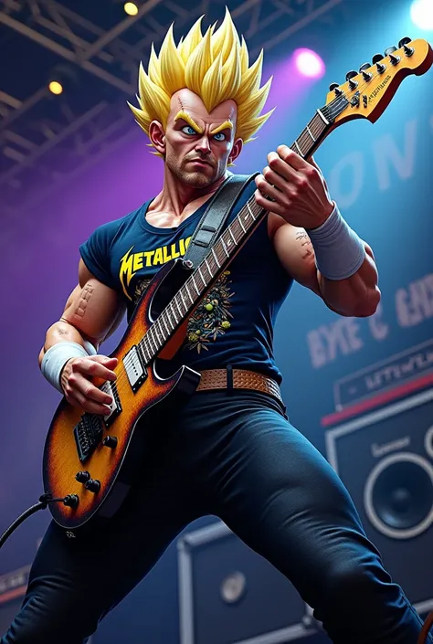 Vegetta from Dragon Ball Z playing rocker guitar with a Metallica t-shirt 