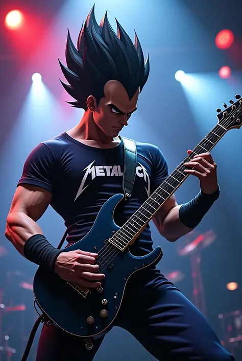 Vegetta from Dragon Ball Z playing rocker guitar with less realistic Metallica t-shirt 