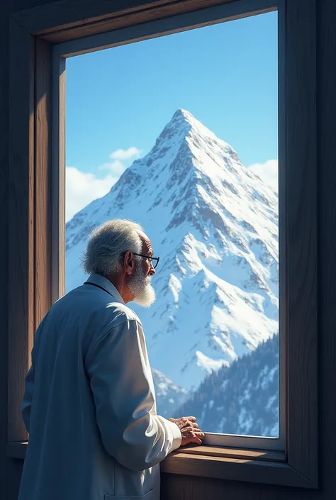 Picture :  From the window , Doctor Viejito observes the snowy Cotacachi under the blue sky.
 internal dialogue : " The mountain is still impassive ,  as if nothing had happened ."