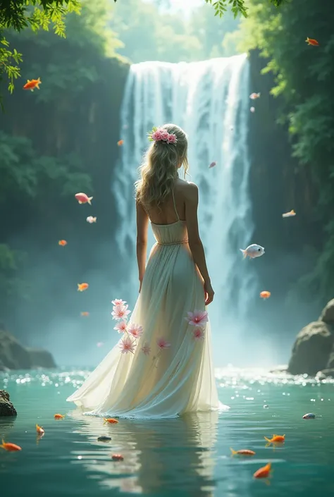 A beautiful woman like an angel wearing pink floral ornaments wearing a white dress is playing in the water and looking at a beautiful waterfall with a beautiful forest background with many fish accompanying her daughter 