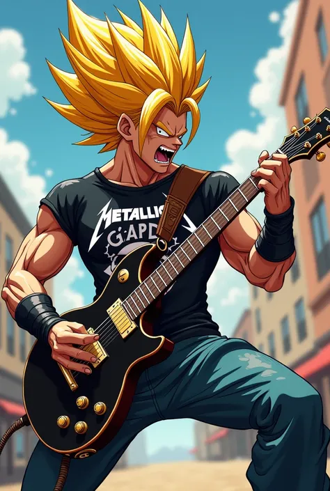 Vegetta from Dragon Ball Z playing rocker guitar with Metallica t-shirt less realistic with yellow hair in 2D that you can see more of the t-shirt