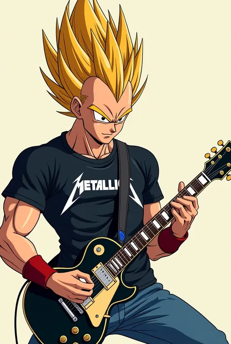 Vegetta from Dragon Ball Z playing rocker guitar with Metallica t-shirt less realistic with yellow hair in 2D that you can see more the t-shirt that is a little quieter 