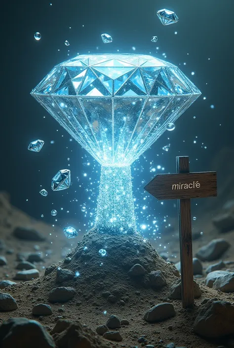 Brilliant diamonds coming out of the ground with a sign nailed to the ground where the word reads "miracle" 