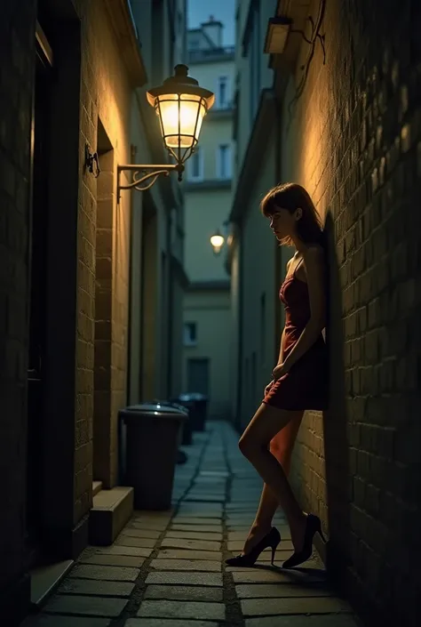 A young woman at night in Paris leaning against a lamp post in an alley 1960s