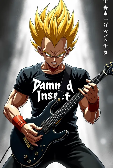 Vegetta from Dragon Ball Z playing rocker guitar with Metallica t-shirt less realistic with yellow hair in 2d that you can see more the t-shirt that is a little quieter show me the previous image the rockiest background in 2d in black and white that says d...