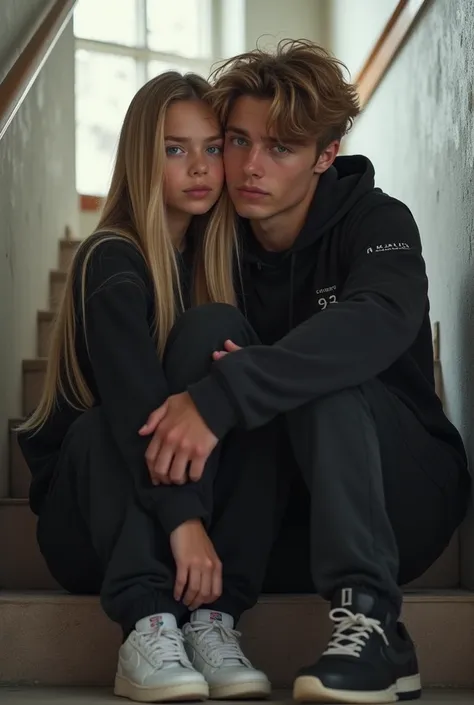 A teenage couple in their 20s on a portal staircase.  The girl is sitting on the boys lap while he is hugging her because she is crying.  The girl has very long hair ,  straight and blonde and he wears a black tracksuit and air force . The boy has blue eye...