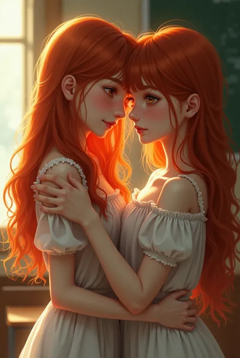 Red-haired twins , pearlescent skin with freckles and amber eyes for teenagers kissing in the classrom