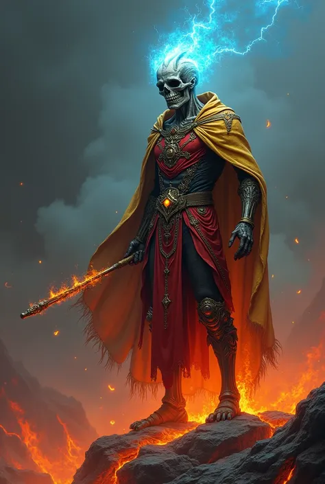 sorcerer-zombie stands atop a chasm of burning lava, shrouded in a thick haze of smoke. His bony crown glows with a fiery blue light, and in his hand, he grasps a radiant golden staff. He wears crimson and black armor, wrapped in a golden cloak adorned wit...