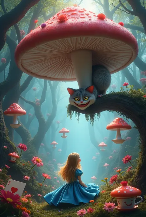 "A surreal scene of Alice in Wonderland sitting under a massive, colorful mushroom in an enchanted forest. Alice, a young girl with blonde hair and a blue dress, gazes curiously at the Cheshire Cat, who grins mischievously from a twisted tree branch above....