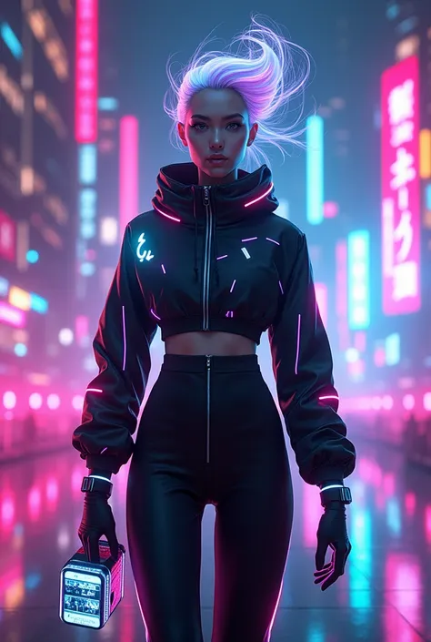 "Create a humanoid character representing TikTok with a fun, dynamic, and non-sexualized design. The character wears a futuristic outfit in black with glowing accents of neon pink, blue, and white, inspired by TikToks branding. The design is sleek yet ener...