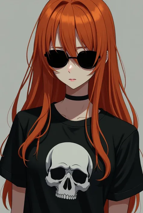 Create an image of an anime girl with these characters, dark orange, smooth and long hair and black lenses, a black shirt with a skull torso design. 