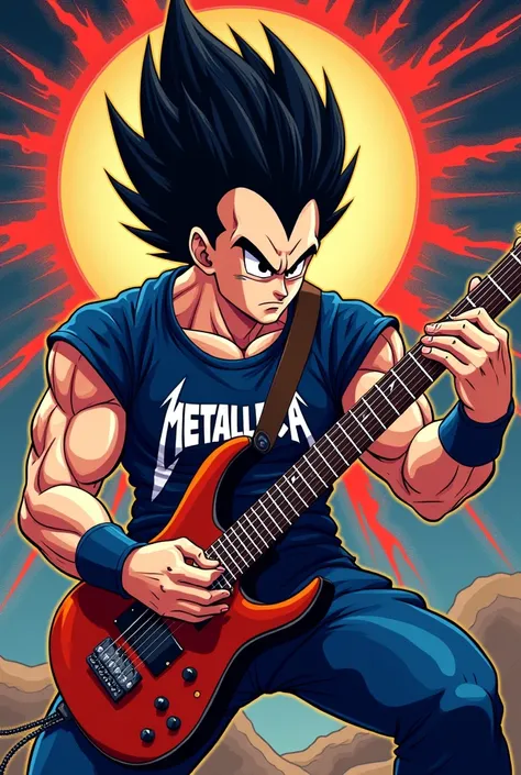 Vegetta from Dragon Ball Z playing rocker guitar with Metallica t-shirt in 2D plus rocker 