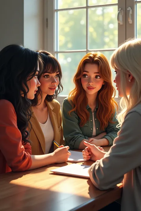 image of 4 friends : one with wavy black hair ,  little brunette,  another with burnt yellow and white hair , otra  little brunette con el cabello castaño y puntas amarillas y la ultima blaquita con cabello corto negro liso,  talking at a table like from u...