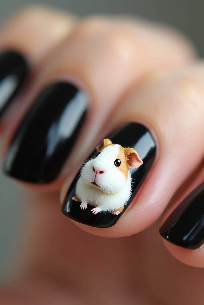 a nail design 1 nail with a white guinea pig or with a brown ear and the rest of black nails