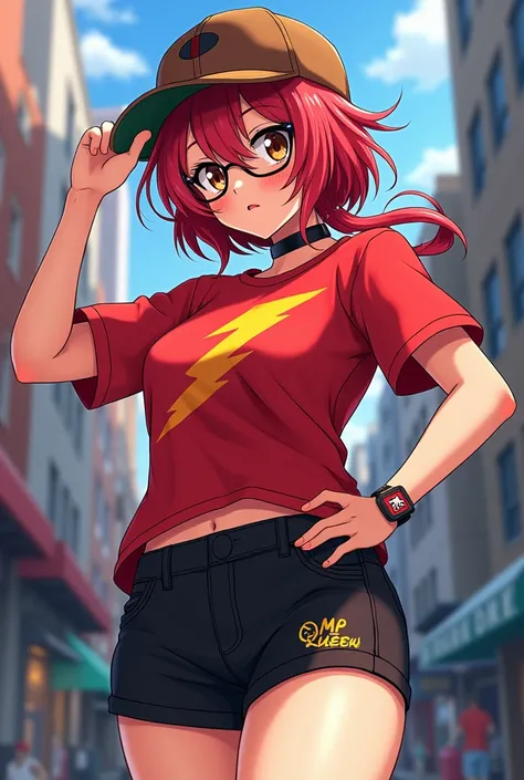 Female anime character with red hair red lightning shirt mc queen black shorts brown eyes glasses and a cap
