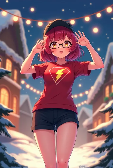 Female anime character with red hair red lightning shirt mc queen black shorts brown eyes glasses and a cap in a Christmas setting
