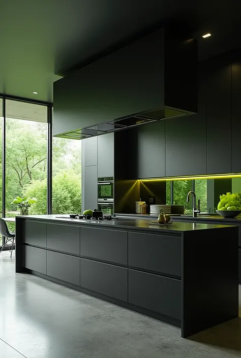 Built-in kitchen in glossy black and apple green with island and modern touches 