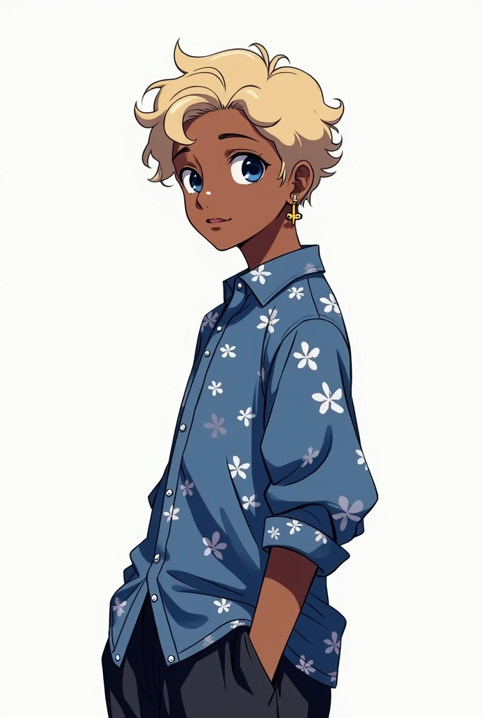 ((Artwork)), (Anime_art_style), ((8K)), 1black male named Johan, blonde curly hair combed to one side. hooded eye style with navy blue iris color, wears cross earrings in his ear, medium curved nose, oval face type, wears a blue dress shirt with a white fl...