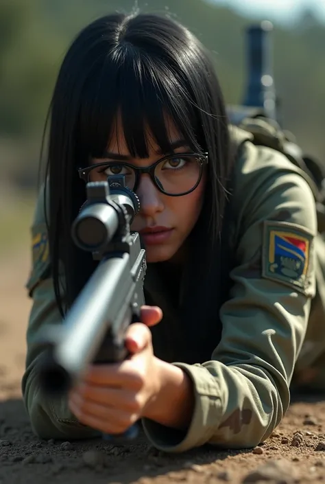  Woman in Brazilian Army clothing camouflaged on her back shooting at a scope inside a shooting range.  SHES A LIGHT BRUNETTE WITH STRAIGHT BLACK HAIR WEARING EYEWEAR WITH A PISTOL IN HER HANDS . The face doesnt just look like the back, a blurry face is th...