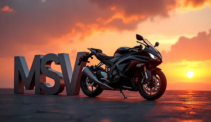 A beautiful sunset with MSV letters and next to it a well-done black kawasaki. 