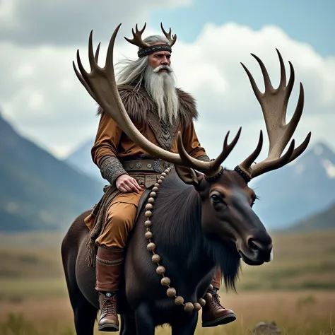  an imposing and mythical figure mounted on a majestic elk .  The man has a The appearance of a legendary warrior or leader ,  with long silver hair and beard fluttering in the wind .  He wears costumes ornamented and made of rustic fabrics and leathers , ...