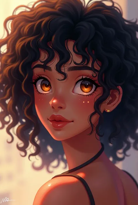 Woman with soft Caribbean skin with curly hair around her shoulders brown eyes gamer anime   
