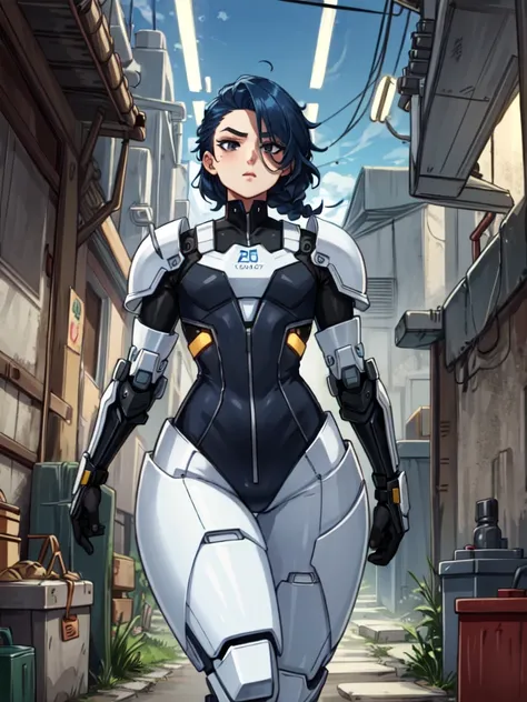 android, femboy, male, joints, robot, black eyes, midnight blue hair, circuits running through skin, braided hair, uniform, curvy, flat chest, male chest, 1boy, solo, wide hips, big ass