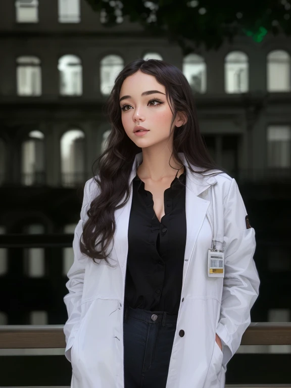 a disney pixar style woman, long, dark brown, slightly wavy hair, white coat, black blouse and shoes on a balcony with a blurred background