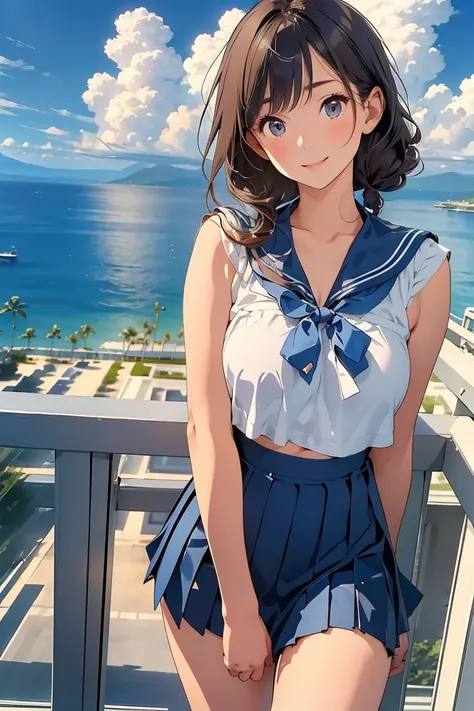 (masterpiece:1.2, Please redeem), (Realistic, photoRealistic:1.4), Beautiful illustrations, (Natural side lighting, Cinema Lighting), Thin thighs, Front View, 1 girl, High school girl, , Perfect Face, Cute symmetrical face, Shiny skin, ランダムなカラーのSailor suit...