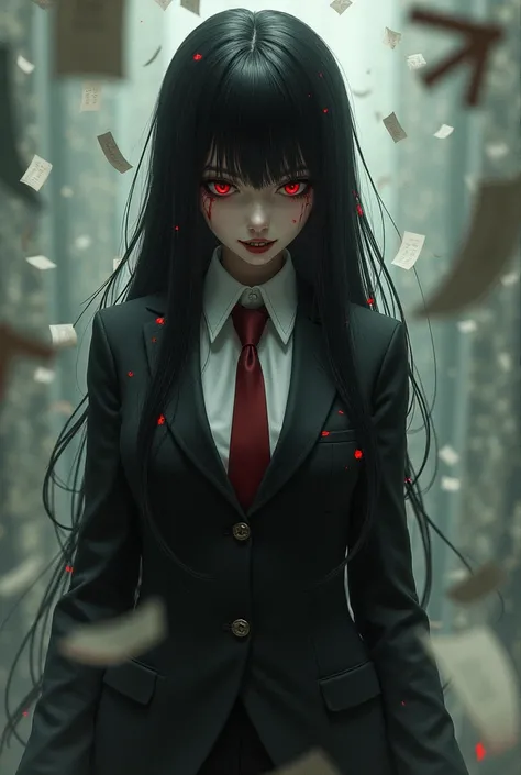 appearance:Its a half-demon girl who roasts her a little creepy looking a little dark and macabre with her crimson eyes and a formal suit with some red spots on this one with black hair as she smiles showing her fangs while letters floating everywhere she ...