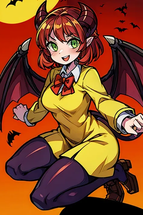 Demon woman, light-pale-skin, brown curly-hair, red bowtie, green eyes. horns, demon tail, bat wings, yellow dress with long sleeves. >:D. (anime), (devilish), (HD)