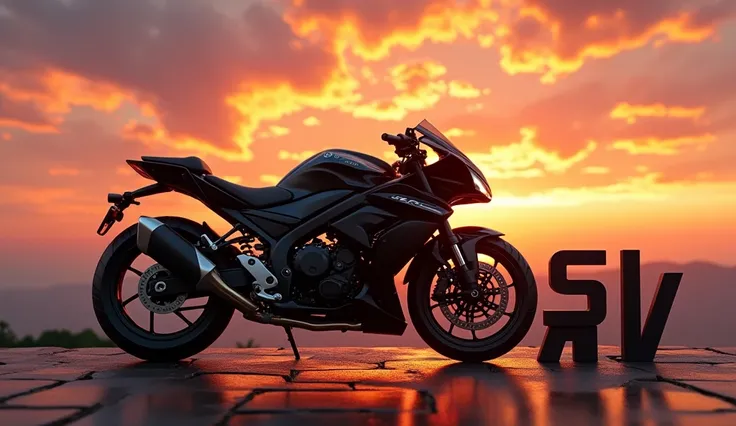 A beautiful sunset with MSV letters and next to it a well-done black kawasaki. 