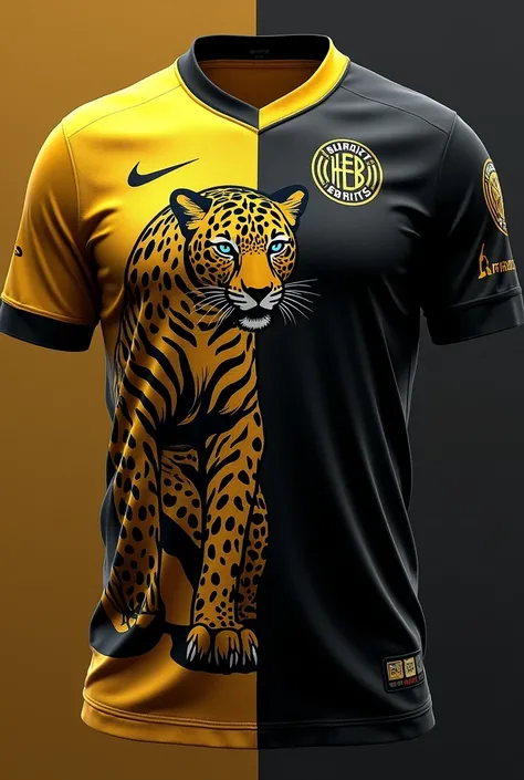 Design a jersey for the interclass.
Cores: gold and black.
Animal in the shirt : Jaguar
The animal must be on the left side of the shirt,  from the waist down , and it must be an average , nothing too fancy.