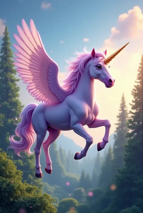  A magical unicorn with a bright lilac coat flies gracefully over a lush forest.  Its golden horn shines in the sun ,  radiating a soft and enchanted light . Your wings,  delicate and translucent ,  they beat softly as it floats over tall trees ,  with vib...