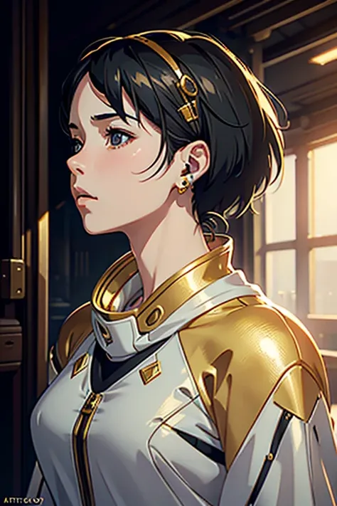 Close do rosto, a girl wearing a gold earring, trends on Artstation, 8K resolution,  very detailed ,  anatomically correct , clear images,  digital painting , conceptual art, trends on pixiv, Makoto Shinkai style,