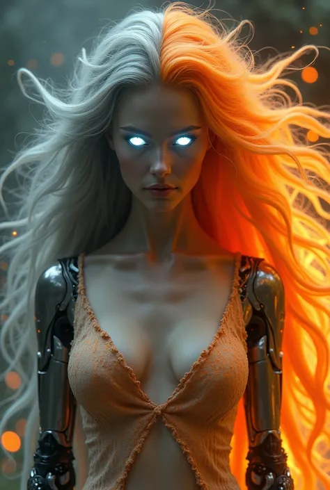 Duality same body, a woman,very long hair, half gray and half orange hair, glowing white eyes, the robotic left arm made with steel, the right arm made with lava. Detailed clothes, (cleavage), (barefoot). . best quality,4k,8k,highres,masterpiece:1.2),ultra...